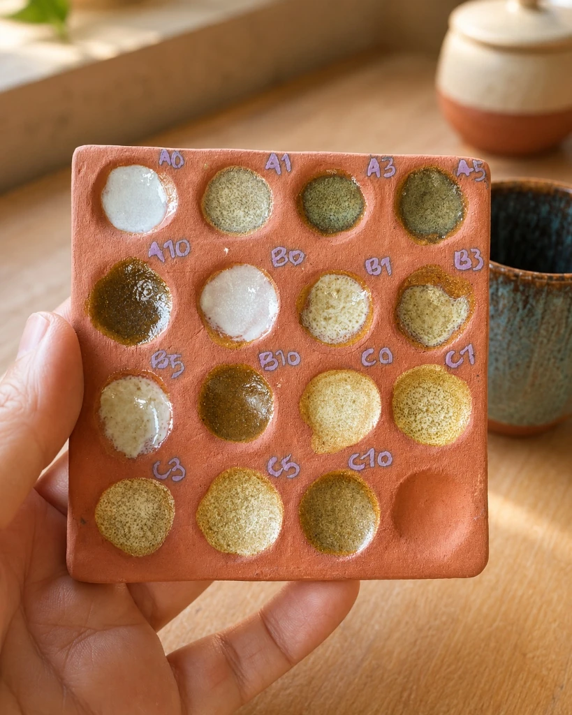 Prueba de esmalte cerámico con texturas naturales del taller